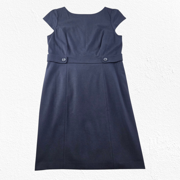 Talbots Navy Sheath Dress Italian Knit Fabric Cap Sleeve Button Waist Size 14